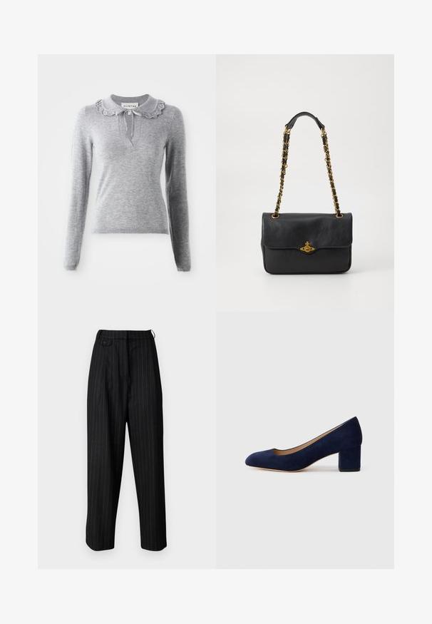 Grijs gebreid sweater met een gerimpelde kraag, lange mouwen en een V-hals. Heeft een trekkoorddetail bij de kraag.; Zwarte, hoge taillebroek met witte streepjes, voorzien van plooien, een knoopsluiting en een ontspannen pasvorm. Gemaakt van soepel materiaal.; Navy blauwe suède pump met een spitse neus en een blokhak van gemiddelde hoogte. Glad oppervlak met een subtiele glans en een kleine uitsparing aan de voorkant.; Zwarte leren handtas met een opvouwbare flap, gouden kettingriem en logo hardware details aan de voorkant. Glad textuur.