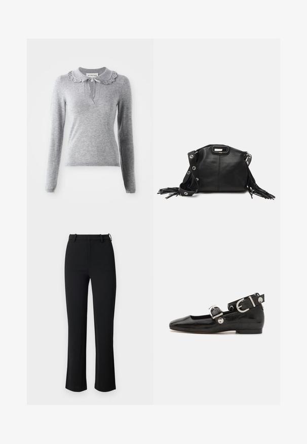 Grauer Strickpullover mit Rüschensaumkragen, langen Ärmeln und V-Ausschnitt. Verfügt über eine Kordelzugdetails am Kragen.; Schwarze Hose aus einem glatten, elastischen Stoff, mit einer taillierten Taille, Gürtelschlaufen und leicht ausgestellten Beinen mit seitlichen Schlitzen.; Schwarze Lackleder-Ballerina mit eckiger Zehenpartie, Knöchelriemen mit silberner Hardware und flacher Sohle. Glatte Textur mit minimalistischen Design.; Maje MISS MINI - Umhängetasche - noir; Goldtonige Ohrringe mit mehreren kaskadierenden Ketten, verziert mit klaren ovalen Strasssteinen und dekorativen Ohrsteckern.