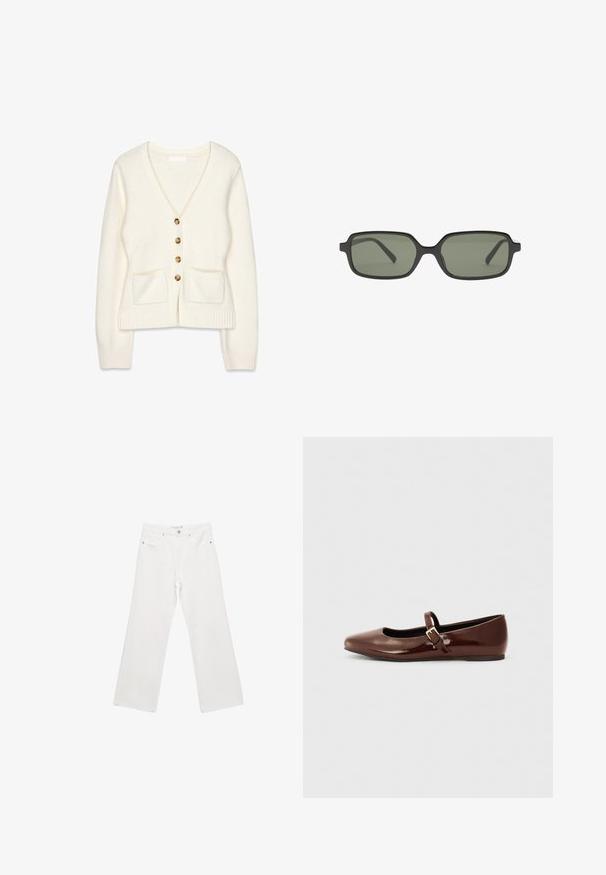 Cardigan en tricot blanc avec un col en V, cinq boutons marron, deux poches avant et des poignets côtelés. Texture douce, design décontracté.; Pantalons en denim blanc à larges jambes avec un design classique à cinq poches, matériel en métal et coutures contrastées. Texture lisse et coupe décontractée.; Ballerine en cuir verni marron avec un bout carré et une lanière ornée d'une petite boucle dorée. Texture lisse, talon bas et design minimaliste.; Lunettes de soleil rectangulaires noires avec des verres verts foncés, présentant un design plat, des côtés minimalistes et une monture légère pour le confort.; Sac à main en cuir noir avec des poignées tressées, une poche zippée et des glands suspendus. Surface texturée avec des clous en métal et des accents en métal.