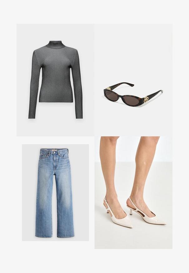 Slim-fit, dlouhý rukáv, rolák v metalicky šedé barvě s žebrovanou texturou a minimalistickým designem. Obsahuje vysoký límec a bezšvové ramena.; Dlouhý rukáv s rolákem v světle béžové barvě. Vyrobeno z měkké, elastické látky s volným střihem a přehnutým výstřihem.; Světle modré džínové široké nohavice s vysokým pasem, vybledlými oblastmi, pěti kapsami a kontrastním prošitím. Klasické zapínání na knoflík a zip.; Béžové lakované lodičky na podpatku s špičatou špičkou a 5 cm podpatkem, se vykrojenými boky a tenkým kotníkovým páskem.; Brýle sluneční s kočičím vzorem, prodloužené oválné čočky, hnědý odstín, zlaté logo na spáncích a elegantní černé nožičky.; Béžová kožená kabelka s měkkou texturou, obdélníkovým tvarem, zipem nahoře a zlatým řetízkem. Minimalistický design a neutrální barva.