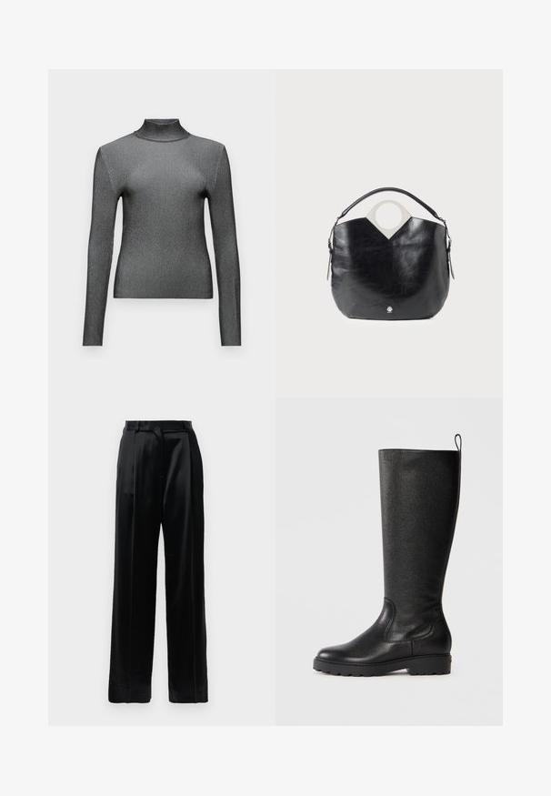 Haut à col roulé ajusté, à manches longues en gris métallique avec une texture côtelée et un design minimaliste. Présente un col haut et des épaules sans couture.; Pantalons en satin noir taille haute avec jambes larges droites, passants de ceinture et fermeture plates sur un fond blanc uni.; Bottes noires montantes en cuir texturé, avec un bout arrondi, une semelle en caoutchouc robuste avec traction, et une languette en haut.; Sac en cuir noir avec une forme arrondie, une poignée supérieure circulaire et un détail de logo en argent. Texture lisse et fonction de design découpé notable.