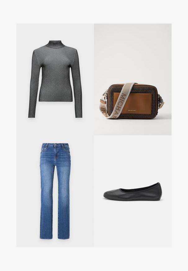 Schmal geschnittenes Turtleneck-Oberteil mit langen Ärmeln in metallischem Grau, mit gerippter Textur und minimalistischem Design. Verfügt über einen hohen Kragen und nahtlose Schultern.; Blaue Denim-Jeans mit geradem Schnitt, fünf Taschen und Knopfverschluss. Der Stoff weist eine leichte Gradient-Waschung und sichtbare Nähte auf.; Schwarze Leder-Ballettschuhe mit abgerundeter Spitze, glatter Textur, minimalen Nähdetails und einem flexiblen Sohlen-Design.; Braune Leder- und Monogramm-Canvas-Crossbody-Tasche mit goldfarbener Logo, kontrastierenden sandfarbenen Akzenten und einem strukturierten Stofftragegurt.