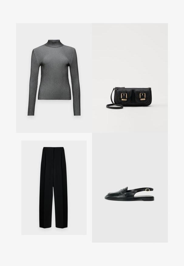 Schmal geschnittenes Turtleneck-Oberteil mit langen Ärmeln in metallischem Grau, mit gerippter Textur und minimalistischem Design. Verfügt über einen hohen Kragen und nahtlose Schultern.; Schwarze weit geschnittene Hosen mit hoher Taille, die Falten und eine glatte Textur aufweisen. Der Stoff wirkt leicht und fällt elegant.; Schwarze Leder Slingback-Schuhe mit runder Spitze, flacher Sohle, seitlichem Ausschnitt und einem Riemen mit goldfarbener Hardware-Applikation.; Schwarze Leder-Umhängetasche mit zwei vorderen Taschen, goldenen Schnallen, Reißverschluss und einem schmalen Tragegurt. Texturierte Oberfläche und kompakte rechteckige Form.
