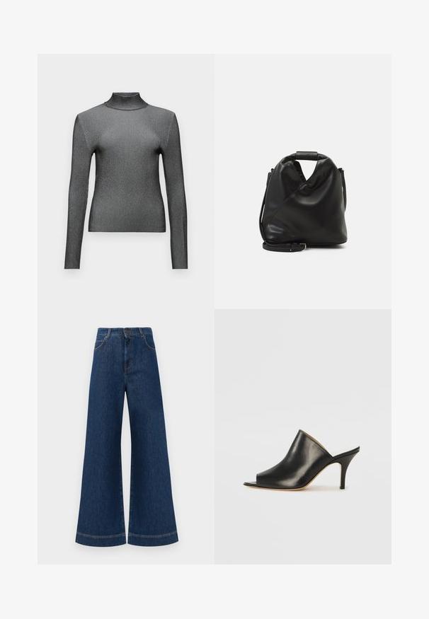 Schmal geschnittenes Turtleneck-Oberteil mit langen Ärmeln in metallischem Grau, mit gerippter Textur und minimalistischem Design. Verfügt über einen hohen Kragen und nahtlose Schultern.; Weite blaue Jeans aus Denim mit hoher Taille, ausgestattet mit einem Knopfverschluss, Gürtelschlaufen und dezenten Stichdetails an den Taschen und Säumen.; Schwarze Leder- offene Zehen-Mules mit einem eleganten, geschwungenen Design, hohem Stiletto-Absatz und glatter Textur. Das Innere weist eine kontrastierende hellere Farbe auf.; Schwarze, weiche Ledertasche mit einem einzigartigen verdrehten Design. Hat einen kurzen Griff und einen abnehmbaren Schultergurt. Minimalistischer Stil.