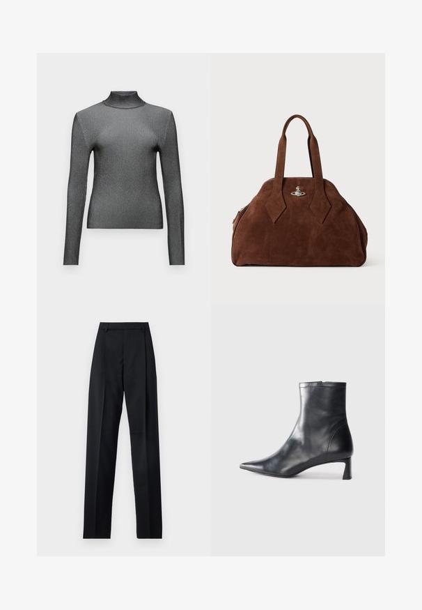Schmal geschnittenes Turtleneck-Oberteil mit langen Ärmeln in metallischem Grau, mit gerippter Textur und minimalistischem Design. Verfügt über einen hohen Kragen und nahtlose Schultern.; Schwarze Hosen aus glattem Stoff mit hoher Taille, weitem Bein, vorderen Falten und klassischen Gürtelschlaufen. Keine sichtbaren Seitentaschen.; Schwarze Lederstiefelette mit spitzer Zehe und schlankem Design. Verfügt über einen niedrigen Absatz und einen Reißverschluss hinten. Glatte Textur.; Braune Wildleder-Handtasche mit strukturiertem Design, abgerundeter Form und länglichen, diamantförmigen Griffen. Mit einem silbernen Metallverschluss ausgestattet.