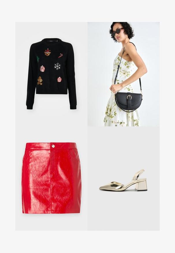 Fekete pulóver kerek nyakkal, karácsonyi ikonokkal díszítve: fenyőfa, díszek, mézeskalács és hópelyhek flitterekkel.; Piros fényes műbőr miniszoknya elülső zsebekkel és fémdugó gombos záródással fehér háttér előtt.; Arany, fémből készült slingback sarkú cipők hegyes orral és vastag sarokkal. Simaság, minimalista design és keskeny pánt jellemzi.; Fekete bőrtáska ívelt formával, levehető pánttal és arany színű fémrészekkel. A táskán egy csattal díszített fedél található.