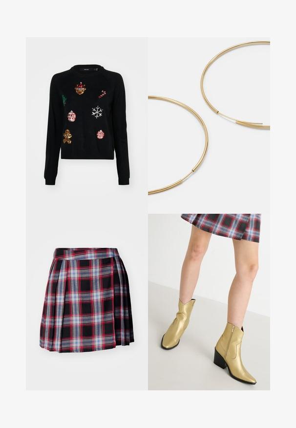 Črna pulover s okroglim izrezom, okrašen s pozlačenimi bleščicami v obliki božičnih ikon: drevesca, okraskov, medenjakov in snežink.; Črna karirana krila z rdečimi, modrimi in sivočrnimi vzorci, z gubami in ravnim pasom za strukturirano prileganje. Mehka tekstura tkanine.; Zlatne metalne gležnjače s šiljastim nosom, zatvaranjem na zip i blok petom. Glatka tekstura s ukrasnim šavovima i klasičnim oblikom.; Zlate obroče ušesne uhane, tanke in krožne oblike, z gladko kovinsko površino brez okrasnih elementov ali vzorcev.