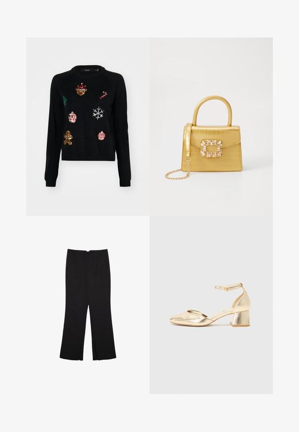 Czarny sweter z okrągłym dekoltem, ozdobiony cekinami przedstawiającymi bożonarodzeniowe motywy: choinkę, ozdoby, piernik i płatki śniegu.; Czarne spodnie o prostym kroju, z przednimi kieszeniami i bocznymi rozcięciami na dole. Wykonane z miękkiego, gładkiego materiału. Odpowiednie na różne okazje.; Złote metaliczne buty na obcasie z zaokrąglonym noskiem, paskiem przy kostce i niskim blokowym obcasem. Gładka tekstura z błyszczącym wykończeniem.; Żółta torebka z faux-krokodylka o wyrafinowanej konstrukcji, z górnym uchwytem, odpinanym łańcuszkiem oraz dekoracyjnym kryształowym zdobieniem na zapięciu.; Złote serduszka kolczyki w kształcie serca o teksturowanym wykończeniu, z zawieszką w postaci perły. W zestawie również pasujące kolczyki wkręty w kształcie serca.