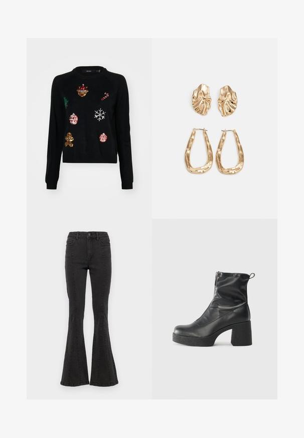 Fekete pulóver kerek nyakkal, karácsonyi ikonokkal díszítve: fenyőfa, díszek, mézeskalács és hópelyhek flitterekkel.; Fekete farmer anyagú harang szabású nadrág, magas derékkal, oldalsó varrással és letisztult szegéllyel. Az anyag sima tapintású, enyhe rugalmassággal.; Fekete bokacsizmák sima bőrből, oldalsó cipzárral, vastag, texturált sarkú és lekerekített orrú dizájnnal.; Aranyszínű fülbevalók, texturált, hullámos formákkal. Tartalmazza a szobrászati klipszes studokat és az open hoop kialakítást, kalapácsos felülettel.