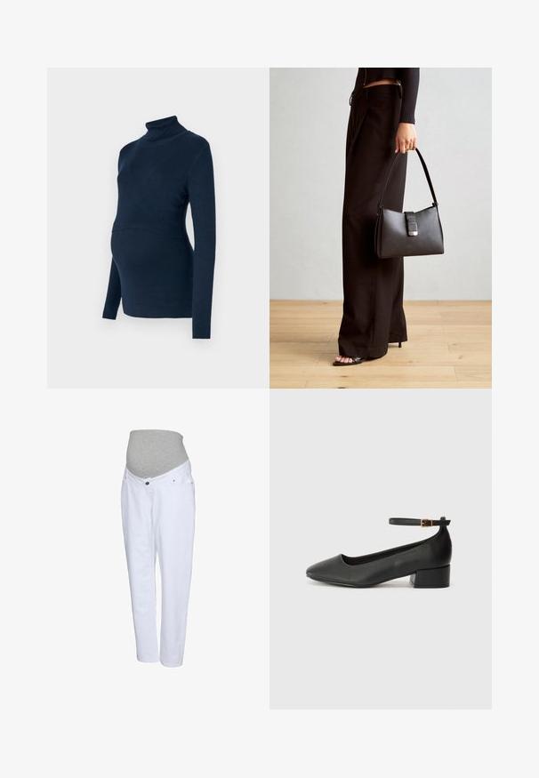 Marineblauwe geribbelde zwangerschapscoltrui met lange mouwen en een aansluitend ontwerp, voorzien van een paneel om een groeiende buik comfortabel te maken.; Witte zwangerschapsjeans met een grijze elastische tailleband, voorzien van voorzakken en een rechte pijpdesign. Gemaakt van zachte denimstof.; Zwarte leren pump met een spitse neus en een lage blokhak. Beschikt over een enkelband met een goudkleurige gespsluiting. Gladde textuur.; Zwarte handtas met gestructureerde vorm, gladde textuur en een metalen sluiting. Gecombineerd met brede zwarte broeken en sandalen met open teen op een houten vloer.