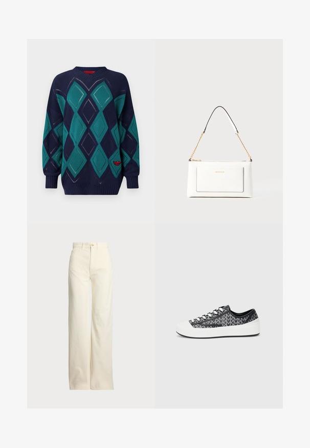 Πλεχτό πουλόβερ με διαμαντένιο σχέδιο σε σκούρο μπλε και τιρκουάζ, με λογότυπο σε κόκκινη απόχρωση, ριμπ μανσέτες και στρογγυλή λαιμόκοψη.; Polo Ralph Lauren COTTON CORDUROY WIDE-LEG PANT - Παντελόνι - warm white; Μαύρα και γκρι sneakers με σχέδιο, που διαθέτουν λευκό καπάκι από καουτσούκ στη μύτη, και έχουν σχέδιο με κορδόνια, με υφασμάτινες υφές μαύρου χρώματος στις πλευρές.; Λευκή δερμάτινη τσάντα με υφή, διαθέτει χρυσή αλυσίδα και μαύρες λεπτομέρειες. Περιλαμβάνει μπροστινή τσέπη και κλείσιμο με φερμουάρ.