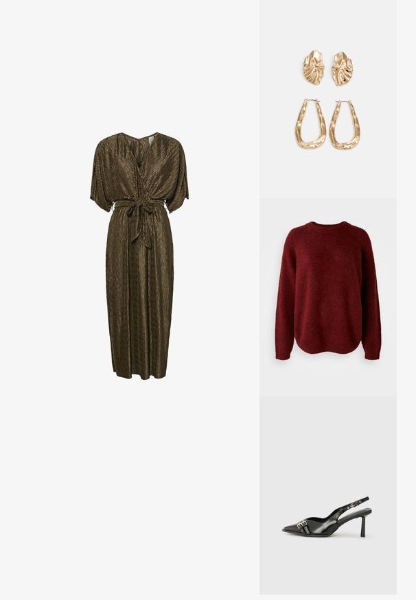 Red, knitted sweater with a round neckline, long sleeves, and a soft texture. The design features a relaxed fit and drops slightly at the hem.; Brown, pleated maxi dress with a V-neck, wide sleeves, and a tied belt at the waist. Smooth texture with a subtle sheen.; Black patent leather slingback shoe with pointed toe, ankle straps featuring silver buckles and hardware, and a slender heel.; Gold metallic handbag with a structured design, smooth texture, and adjustable strap. Features a unique triangular shape and minimalist stitching.; Gold-tone earrings featuring textured, wavy shapes. Includes sculptural clip-on studs and open hoop design with a hammered finish.