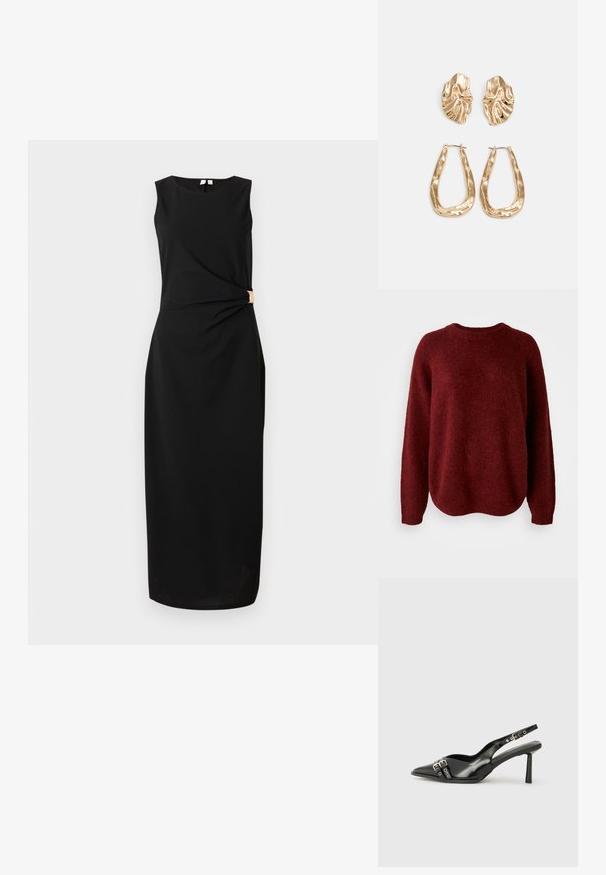 Red, knitted sweater with a round neckline, long sleeves, and a soft texture. The design features a relaxed fit and drops slightly at the hem.; Sleeveless black midi dress with round neckline and side draped detail fastened by a gold clasp at waist.; Black patent leather slingback shoe with pointed toe, ankle straps featuring silver buckles and hardware, and a slender heel.; Gold metallic handbag with a structured design, smooth texture, and adjustable strap. Features a unique triangular shape and minimalist stitching.; Gold-tone earrings featuring textured, wavy shapes. Includes sculptural clip-on studs and open hoop design with a hammered finish.