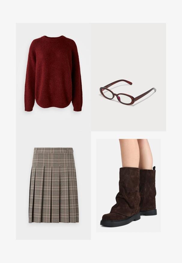 Červený pletený svetr s kulatým výstřihem, dlouhými rukávy a měkkou texturou. Design má uvolněný střih a mírně se spouští na lemu.; Šedá kostkovaná sukně s puky, která obsahuje směs tmavých a světlých tónů a jemných růžových linií. Vyrobena z texturované látky s pasem.; Hnědé semišové kozačky po lýtka s černými gumovými podrážkami nošené na nahých nohách, s mírným pomačkáním na nohavicích.; Ovalo tvarované červené sluneční brýle s průhlednými skly a elegantními hnědými rámy. Design má jemné křivky a minimální hardware.