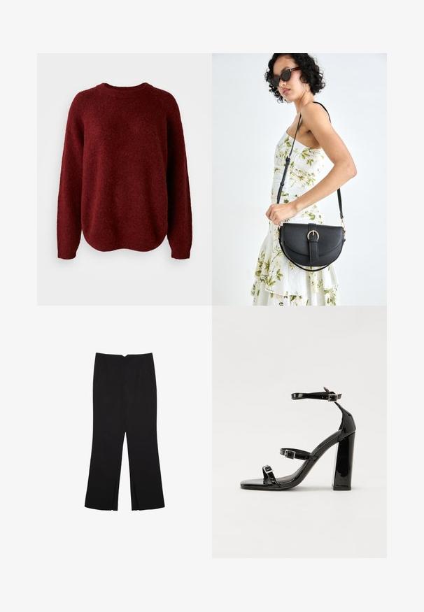 Červený pletený svetr s kulatým výstřihem, dlouhými rukávy a měkkou texturou. Design má uvolněný střih a mírně se spouští na lemu.; Černé kalhoty s rovným střihem, s předními kapsami a bočními rozparky na lemu. Vyrobené z jemné, hladké tkaniny. Vhodné na různé příležitosti.; Černé lakované sandály na podpatku se čtveratou špičkou, lýtkovými pásky a stříbrnými přezkami. Disponují masivním blokovým podpatkem pro stabilitu.; Černá kožená kabelka s křivkovým tvarem, odnímatelným popruhem a zlatými detaily. Kabelka má klopu s přezkou.