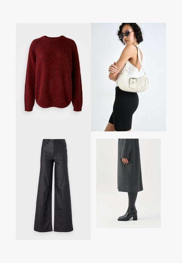 Pull en tricot rouge avec un col rond, des manches longues et une texture douce. Le design présente une coupe décontractée et tombe légèrement au niveau de l'ourlet.; Pantalons larges noirs en simili cuir. Dotés d'une taille haute, de passants de ceinture, de deux poches avant et de détails cousus.; Manteau gris taillé à coupe droite ; associé à des bottes en cuir noir jusqu'au genou avec un bout carré et un talon épais.; Sac à main en cuir blanc avec une forme incurvée, une bandoulière ajustable et un petit détail de boucle. Le modèle porte une tenue noire ajustée.