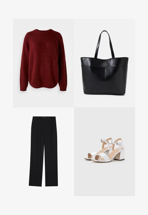 Roter Strickpullover mit rundem Ausschnitt, langen Ärmeln und weicher Textur. Das Design weist eine lockere Passform auf und fällt am Saum leicht ab.; Schwarze Hose mit geradem Bein, ausgestattet mit zwei frontalen Taschen und einem Taillenbund. Hergestellt aus einem glatten, leichten Stoff.; Silberne High-Heels Sandalen mit offenen Zehen, ausgestattet mit zwei breiten Riemen und einem abgerundeten Blockabsatz. Glatte Textur mit metallic Finish.; Schwarze Leder-Shopper-Tasche mit zwei langen Griffen, einer glatten Textur und einer strukturierten Form. Verfügt über eine Vordertasche für zusätzlichen Stauraum.