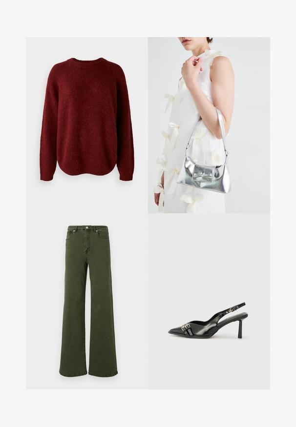 Rød, strikket genser med rund hals, lange ermer og en myk tekstur. Designet har en avslappet passform og faller litt nedover i sømmen.; Olivengrønne utvidede jeans laget av bomull, med høy midje, fem-lomme design, metallknapp og stikninger langs sømmene.; Sorte patentlær slingback-sko med spiss tå, ankelremmer med sølvspenner og detaljer, og en slank hæl.; Sølvmetallisk håndveske med en strukturert form, med en topphåndtak og sløyfedetalj foran. Glatt tekstur, reflekterende overflate.; Fire par med sølvøredobber: to blanke glatte hoop-design, ett med tekstur og ett dekket med små klare rhinestones.