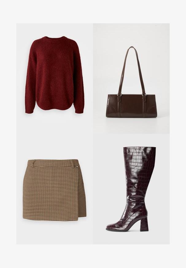 Rdeča pletena jopica z okroglim ovratnikom, dolgimi rokavi in mehkim teksturo. Oblika ima sproščen kroj in se na robu rahlo spušča.; Mini krilo v rjavem in beigem houndstooth vzorcu s rahlim zavihkom in zanke za pas na belem ozadju.; Temno burgundske čevlje do kolen s krokodilskim vzorcem in blokastim podplatom na beli podlagi, prikazane s strani.; Rjav lakiran usnjeni ročni torbica pravokotne oblike, z dvema dolgima ročajema in subtilnimi ukrivljenimi poudarki spredaj.; Zlato obarvani kovinski uhani z gladko, zaobljeno trikotno obliko in zasnovo s pritrditvijo na zadnji strani; odbojna površina z minimalnim detajliranjem.