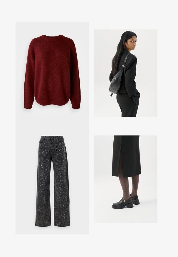 Maglione rosso a maglia con scollo rotondo, maniche lunghe e una texture morbida. Il design presenta una vestibilità rilassata e scende leggermente all'orlo.; Noisy May NMJANNEL LOOSE - Jeans baggy - black denim; Scarpe in pelle nera con punta arrotondata, tacco spesso a blocco e accenti laterali in elastico, abbinate a collant scuri e una gonna nera con uno spacco.; Donna con lunghi capelli scuri, vestita con un completo nero, che porta una borsa a tracolla in pelle nera, mentre guarda oltre la spalla su uno sfondo bianco.; Orecchini a cerchio in argento con un design minimalista. Forma circolare, superficie liscia e profilo sottile. Leggeri con una finitura lucida.