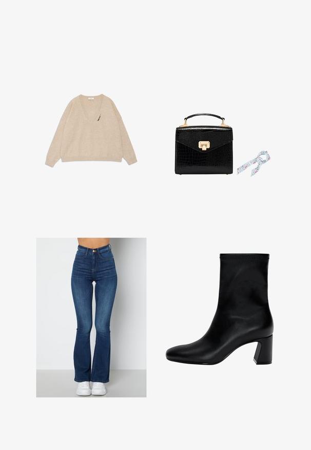 Beige V-hals trui van zacht materiaal met verlaagde schouders en een decoratieve speld aan de voorkant links. Lange mouwen en een relaxte pasvorm.; Hoge taille, blauwe jeans met een uitlopende onderkant, gemaakt van denim met een lichte vervaging. Bevat gouden accenten op de knoop en zakken.; Zwarte enkellaars van soepel leer. Heeft een vierkante neus, een elastische bovenkant en een chunky hak voor stabiliteit. Minimalistisch ontwerp.; Zwarte handtas van krokodillenleder met gouden hardware, rechte vorm, bovenhandgreep en een lichtblauwe decoratieve sjaal met bloemenpatronen.