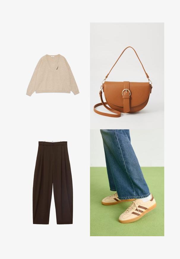 Béžový svetr s výstřihem do V vyrobený z měkké látky, s kleslými rameny a dekorativní broží na levé přední straně. Dlouhé rukávy a uvolněný střih.; Hnědé kalhoty s vysokým pasem a sklady, vyrobené z hladké látky. Volný střih, rovné nohavice, obsahující poutka na opasek a zip.; Beige tenisky s texturovanými krémovými panely a hnědými pruhy, kombinované s modrými džínovými kalhotami. Džínsy mají široké nohavice a roztrhaný lem.; Hnědá kožená křížová taška s zakřiveným tvarem, zlatými detaily a akcentem s přezkou. Obsahuje odnímatelný popruh na rameno.