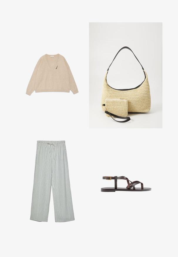 Beige V-kaula neule, joka on valmistettu pehmeästä kankaasta, laskeutuvilla hartioilla ja koristepinni vasemmalla etupuolella. Pitkät hihat ja rento malli.; Keve, széles szárú nadrág zöld és fehér függőleges csíkos mintával. Rugalmas derékpánttal rendelkezik, amely húzózsinórral záródik.; Ruske kožne sandale s križnim trakama, zatvaranjem na kopču oko gležnja i ravnim potplatom s minimalnim detaljima šivanja.; Kudottu olkikassi kaarevalla siluetilla, jossa on sileä musta nahkaremmi ja siihen kiinnitetty yhteensopiva pieni pussukka rannekahvalla.