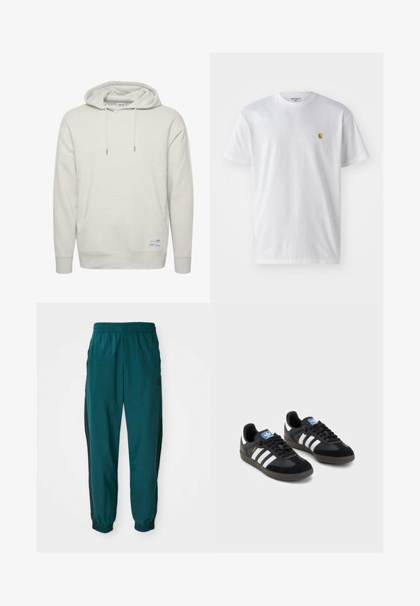 Svetložuta kapuljača iz mekog materijala, s prednjim džepom, kapuljačom s vezicom i rebrastim manžetama. Uključuje mali detalj oznake.; Bela bombažna majica s kratkimi rokavi, krožnim ovratnikom, z majhnim zlatim logotipom na levem prsnem predelu. Mehka tekstura in običajen kroj.; Teal športne hlače z vrvico v pasu, elastičnimi manžetami in črnimi stranskimi črtami. Narejene so iz lahkotnega materiala, z logotipom blizu bokov.; Črne športne copate z zgornjim delom iz semiša in sintetičnih materialov, ki imajo tri bele črte, teksturiran gumijast podplat in modro označevalno oznako na jeziku.