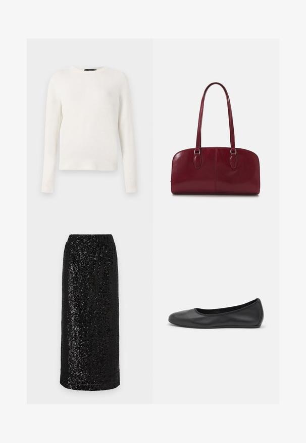 Maglione bianco lavorato a maglia con scollo rotondo, maniche lunghe e polsini a costine. Texture morbida con un design semplice e classico.; Gonna a tubino nera con paillettes e una fascia elastica in vita. La superficie è ricoperta da paillettes riflettenti disposte densamente, creando un effetto testurizzato.; Pantofole da balletto nere in pelle con punta arrotondata, texture liscia, dettagli di cucitura minimi e design con suola flessibile.; Zign LEATHER - Borsa a mano - dark red