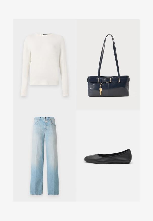 White knitted sweater with a crew neckline, long sleeves, and ribbed cuffs. Soft texture with a simple, classic design.; Light blue denim wide-leg jeans with a faded gradient, featuring a classic five-pocket design and metal button closure.; Black leather ballet flat with a rounded toe, smooth texture, minimal stitching detail, and a flexible sole design.; Navy leather handbag with two long handles, a buckle detail, and a keychain attached. Features a smooth texture and a rectangular shape.