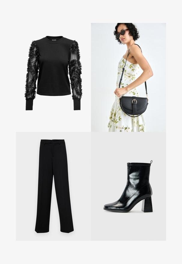 Čierny top s dlhým rukávom s mäkkým, priliehavým telom a priehľadnými rukávmi zdobenými látkovými volánmi, ktoré vytvárajú textúrovaný akcent pri manžetách.; Čierne široké nohavice vyrobené z hladkej látky, s klasickým pásom a zapínaním na gombík, a prednými skladmi.; Čierne lakované členkové topánky so štvorcovou špičkou a masívnym geometrickým podpätkom. Majú hladkú, lesklú textúru a zadný štítok na ľahké obúvanie.; Čierna kožená kabelka s zaobleným tvarom, odnímateľným popruhom a zlatými doplnkami. Kabelka má klopu s detailom s prackou.