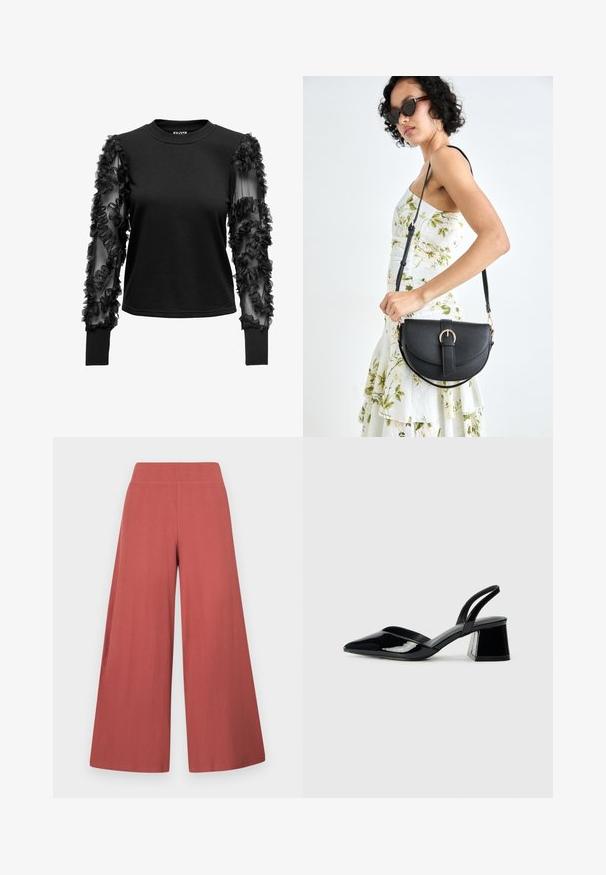 Top preto de manga longa com um corpo suave e ajustado e mangas transparentes enfeitadas com pregas de tecido, criando um destaque texturizado perto dos punhos.; Calças de perna larga em tom ferrugem, feitas em tecido texturizado com nervuras verticais. Possuem um cós alto e elástico.; Sandy em verniz preto com salto slingback, ponta afilada e salto geométrico. Apresenta um design elegante e minimalista com textura suave.; Bolsa de couro preta com forma curva, alça destacável e detalhes em dourado. A bolsa possui uma aba com detalhe de fivela.
