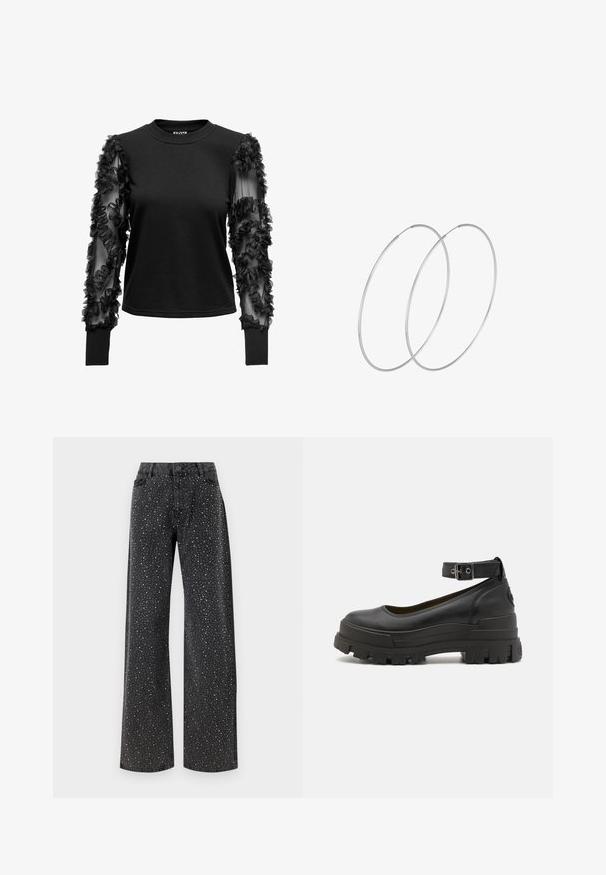 Top nero a maniche lunghe con un corpo morbido e aderente e maniche trasparenti decorate con balze di tessuto, creando un accento testurizzato vicino ai polsini.; Noisy May NMJANNEL LOOSE - Jeans baggy - black denim; Buffalo ASPHA - Scarpe con plateau - black; Orecchini a cerchio in argento con un design minimalista. Forma circolare, superficie liscia e profilo sottile. Leggeri con una finitura lucida.
