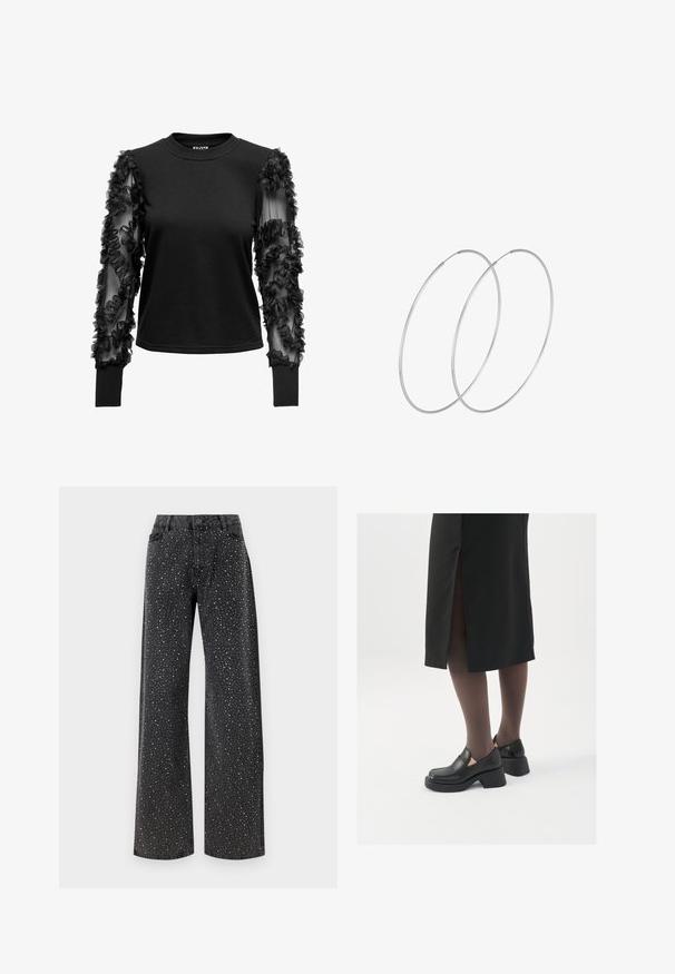 Top nero a maniche lunghe con un corpo morbido e aderente e maniche trasparenti decorate con balze di tessuto, creando un accento testurizzato vicino ai polsini.; Noisy May NMJANNEL LOOSE - Jeans baggy - black denim; Scarpe in pelle nera con punta arrotondata, tacco spesso a blocco e accenti laterali in elastico, abbinate a collant scuri e una gonna nera con uno spacco.; Orecchini a cerchio in argento con un design minimalista. Forma circolare, superficie liscia e profilo sottile. Leggeri con una finitura lucida.