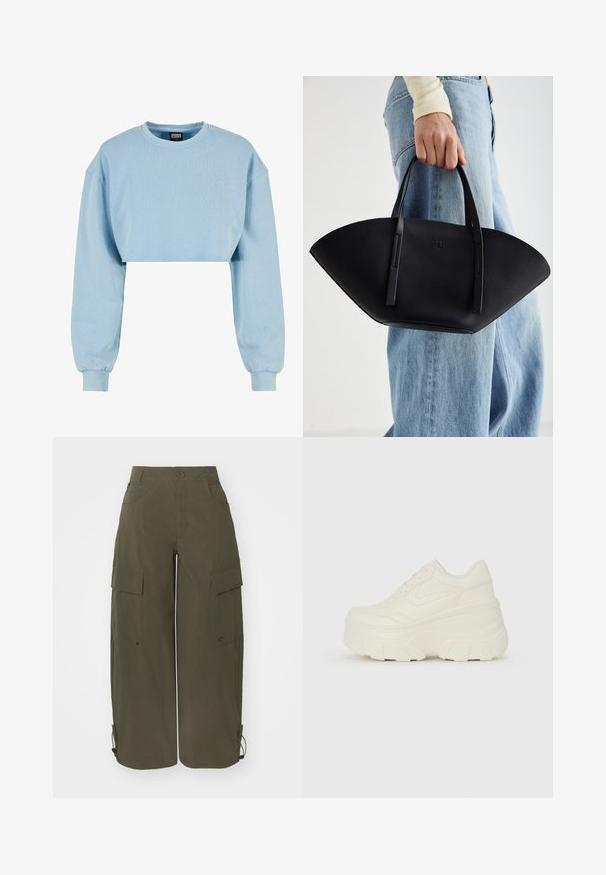 Rövidre vágott világoskék pulóver, puha anyagból, hosszú ujjakkal és hímzett virágmintával a mellrészen.; Olíva zöld szövetből készült cargo nadrág, laza szabású. Nagy oldalzsebekkel, gombos záródással és állítható szegélyekkel rendelkezik.; Fehér platform sportcipők, sima bőrszerű felsőrésszel, kerek formával, párnázott bokával és texturált gumitalppal, jól definiált mintázattal.; Fekete bőr kézitáska egyedi legyezőformával, lapos füllel. A felülete kőriszerű textúrájú és minimalista dizájnnal rendelkezik.