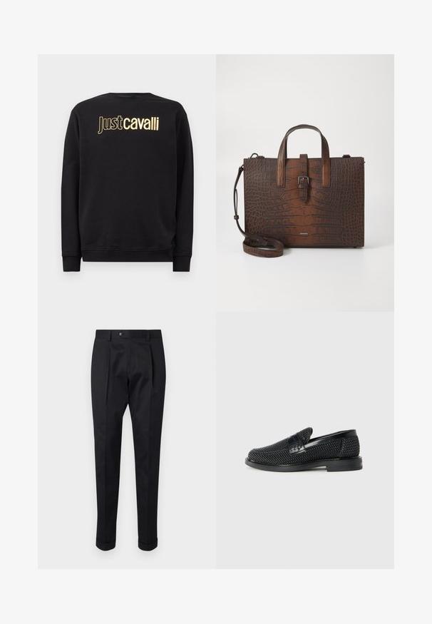 Svart långärmad sweatshirt med guld "Just Cavalli" logotext över bröstet, med ribbade ärmslut och nederkant.; Svarta byxor i ett glatt tyg, med en veck fram, knappstängning och uppvikta nederkant vid anklarna.; Svart vävd slip-on sko med en slät läderdetalj på ovansidan, med rund tådesign och en låg gummisula.; Brun kloakdjursprents läderhandväska med topphandtag och en avtagbar axelrem. Har en spänne stängning och rektangulär form.