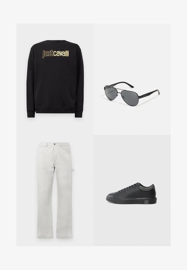 Black long-sleeve sweatshirt with gold "Just cavalli" logo text across the chest, featuring ribbed cuffs and hem.; Light gray trousers with a straight fit, made of smooth cotton fabric, featuring front pockets and a side cargo pocket.; Black leather sneaker with a smooth finish, rounded toe, and dark grey accents. Features lace-up design and textured rubber sole.; Black aviator sunglasses with dark lenses, thin metal frame, and slender plastic arms featuring logo accents.