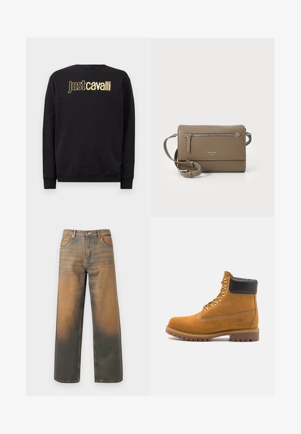 Melna garo piedurkņu sporta krekls ar zelta "Just Cavalli" logotipa tekstu krūtīs, ar ribotām piedurknēm un apakšmalu.; Platas kāju džinsi novecojušajā zilā un brūnā denimā. Ievērojams augsts viduklis, priekšējās kabatas un klasiskā pogu aizdare ar metāliskām akcentiem.; Brūna zamša potīte ar melnu izšuvumu ap kaklu, zelta metāla acu caurumi, balta šuvju apdare un izturīgs gumijas zole ar izteiktu zīmējumu.; Taupe krāsas ādas pleca soma ar rāvējslēdzēja priekšējo kabatu, regulējamu siksnu, akmens tekstūru un iegravētu logo priekšpusē.