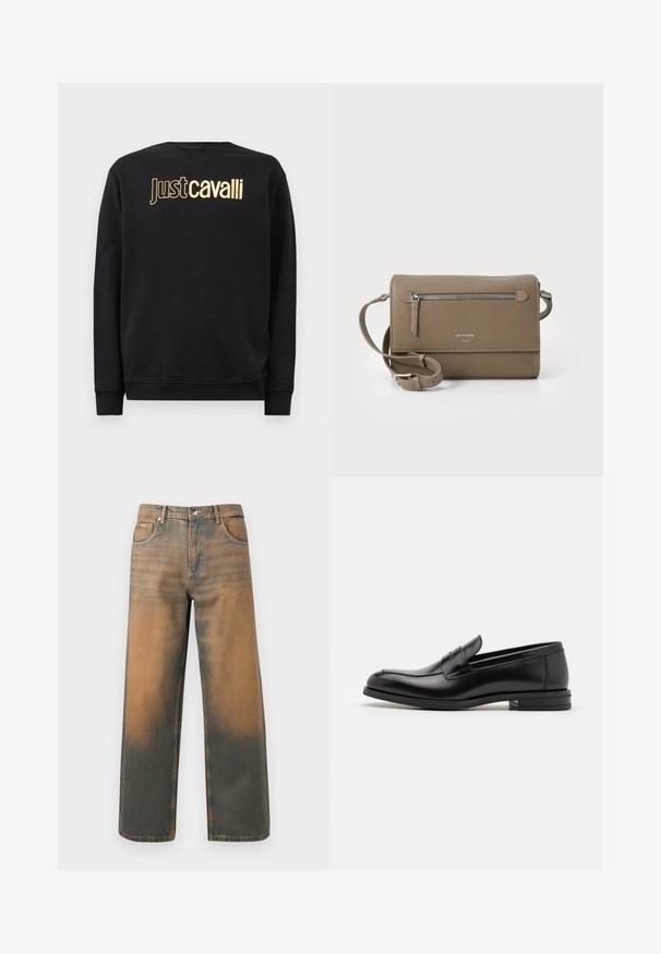 Felpa nera a manica lunga con il testo del logo dorato "Just Cavalli" sul petto, caratterizzata da polsini e fondo a coste.; Jeans a gamba larga in denim blu e marrone scuro con effetto usurato. Presentano un alto punto vita, tasche frontali e una chiusura con bottone classico arricchita da dettagli metallici.; Mocassini neri in pelle con una texture liscia, punta arrotondata e una striscia decorativa sulla tomaia. Tacco basso impilato, design minimalista.; Borsa a tracolla in pelle taupe con tasca anteriore con cerniera, tracolla regolabile, texture a granuli e logo embossato sulla parte anteriore.