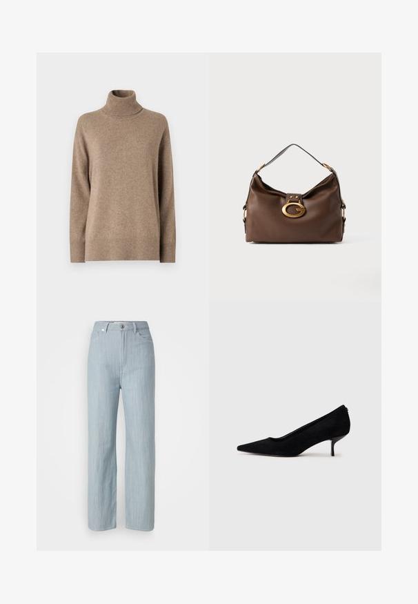 Beige Rollkragenpulli aus weichem, strukturiertem Stoff. Mit langen Ärmeln sowie geripptem Saum und Kragen. Einfaches, minimalistisches Design.; Helle blaue gerade geschnittene Jeans aus Denim. Verfügt über fünf Taschen, einen Metallknopfverschluss und dezente Waschungen für zusätzliche Textur.; Schwarzer Wildleder-High-Heel-Schuh mit spitzem Zeh und slim, niedrigem Absatz. Glatte Textur mit elegantem Design, ohne sichtbare Beschläge.; Braune Handtasche aus Leder mit strukturiertem Finish, ausgestattet mit einem goldfarbigen Verschluss und einem einzigen, geschwungenen Schulterriemen.