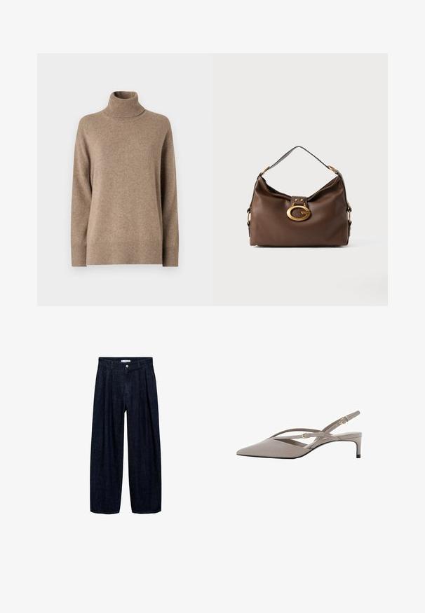 Beige turtleneck sweater made of soft, textured fabric. Features long sleeves and ribbed hem and collar. Simple, minimalist design.; Dark denim wide-leg trousers with pleats at the waist, featuring a front button and belt loops. Smooth texture and full-length design.; Beige slingback heels with a pointed toe, thin crossed straps, and a short stiletto heel. Smooth fabric with gold-tone hardware accents.; Brown leather handbag with a textured finish, featuring a gold-tone hardware clasp and a single, curved shoulder strap.