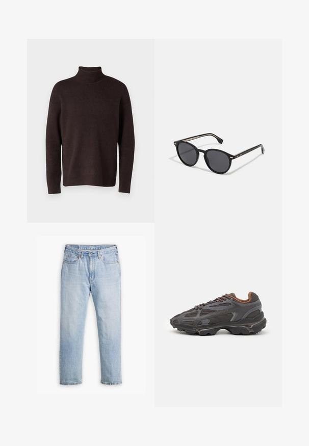 DRYKORN MASON - Stickad tröja - brown; Ljusblå denimjeans med rak ben-design, femfickorsstil och kontrasterande sömmar. Knapp- och dragkedjestängning vid midjan.; Lacoste-sneakers i mörkgrått med nät och syntetmaterial, med en strukturerad sula och bruna detaljer på kragen och varumärket.; BOSS Solglasögon - black