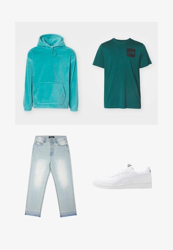 Felpa con cappuccio turchese, dal tocco morbido, con tasca frontale a marsupio e polsini elasticizzati. Presenta un cordoncino al collo.; T-shirt di cotone teal con maniche corte, colletto tondo e una tasca quadrata nera con logo sulla parte sinistra del petto. Texture liscia.; Pegador BARROW - Jeans loose fit - sand washed blue; Sneakers bianchi in pelle con una finitura liscia, dettagli perforati e una suola intermedia texturizzata. Presenta un logo sulla linguetta e strisce laterali.