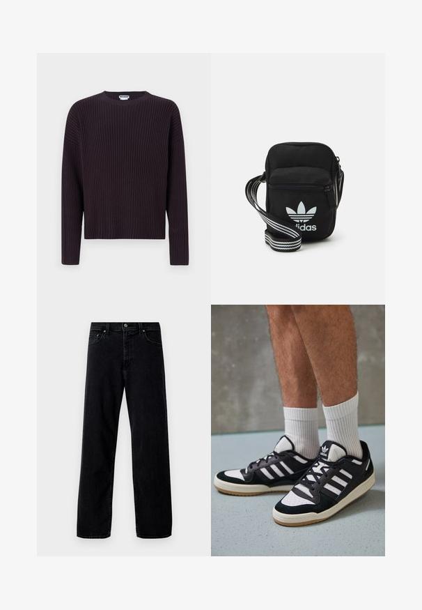 Pulover tricotat rib din culoare mov închis, cu guler rotund și mâneci lungi, având o croială lejeră și o textură unică.; Hollister Co. Blugi largi - washed black; Adidași negri și albi cu un superior din suede și piele, prevăzuți cu trei dungi albe, un vârf perforat și o talpă din cauciuc caramel.; Geantă de umăr din material textil negru, cu închidere cu fermoar, având un logo Adidas alb și o curea ajustabilă cu dungi pentru o transportare ușoară.