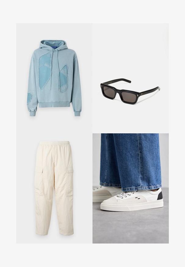 Felpa blu con una vestibilità ampia, presenta ampie toppe ritagliate, bordi sfrangiati, coulisse e polsini e orlo a coste.; Pantaloni cargo beige con vita elastica, dotati di due tasche laterali e un tessuto morbido e leggero. Texture stropicciata.; Sneaker bianche e nere con parte superiore in pelle liscia, dettagli testurizzati e suola bianca spessa. Presentano un classico design con lacci.; Occhiali da sole neri rettangolari con lenti scure, montatura spessa in plastica, dettagli dorati sulle tempie e logo del marchio inciso sull'asta.