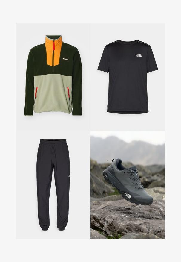 Pullover de polar com um design de fecho de correr de um quarto. Apresenta painéis em verde escuro, verde claro e laranja, com puxador do fecho vermelho e bolsos laterais.; T-shirt preto de manga curta feito de um tecido leve. Apresenta um pequeno logo branco ao lado esquerdo do peito e detalhes subtis nos ombros.; Calças atléticas pretas feitas de tecido leve, com um cós ajustável por cordão, bolsos laterais e punhos afunilados nos tornozelos.; Sapatilha de corrida em trilhos cinza com um cabedal texturizado, sola de borracha durável e ponteira reforçada. Apresenta atacadores e o logótipo da marca de lado.