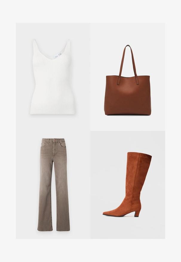 Vit ribbad linne med V-ringning, tunna axelband och en figursydd silhuett. Tillverkad av ett mjukt material, med en liten etikett sydd vid halsringningen.; Bruna högmidjade rakbenade jeans med framknapp, bältesöglor och klassisk femfickorsdesign på vit bakgrund.; Bruna mockaskinn knähöga stövlar med spetsig tå och en liten klack, med en slät yta och minimalistisk design.; Brun läder tote-väska med en slät textur, öppen toppdesign och två axelremmar. Har minimal söm och ingen synlig metalldetalj.