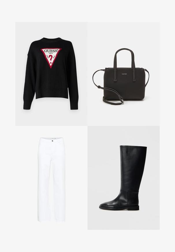 Guess Jeans BIG TRIANGL - Džemperis - jet black; Baltas platais kāju bikses, izgatavotas no denima. Aprīkotas ar pogu aizdari un tradicionālo piecu kabatu dizainu. Gluda tekstūra ar tīru apdari.; Melnas ādas līdzceļgala zābaki ar noapaļotu pirkstu, gludu tekstūru, minimālistisku dizainu un plakanu zoli. Vienkāršas šuvju detaļas uz zābaku augšdaļas.; Melns roku soma ar divām īsām rokturiem un noņemamu plecu siksnu. Gluda ādas līdzīga materiāla ar rāvējslēdzēja aizdari un logos detaļu.
