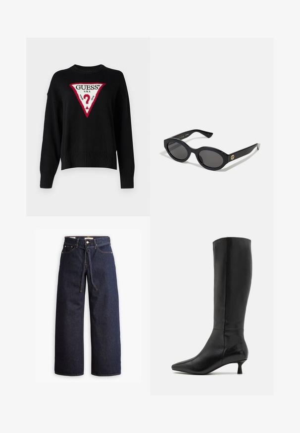 Guess Jeans BIG TRIANGL - Jersey de punto - jet black; Jeans de mezclilla oscuros de pierna ancha con cintura alta, que cuentan con un lazo ajustable, cinco bolsillos y detalles de costura en contraste.; Zign Botas - black; Gafas de sol negras en forma ovalada con lentes oscuros y montura de plástico brillante. Presenta un logo dorado en la patilla, ofreciendo un diseño elegante y moderno.