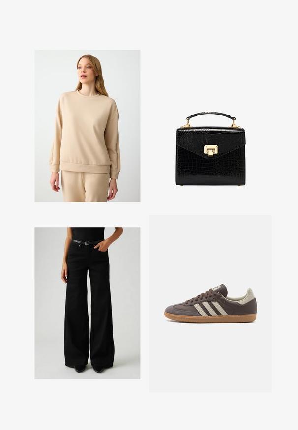 Beige sweatshirt met een gestructureerde afwerking, ronde hals en verlaagde schouders. Een minimalistisch ontwerp met subtiele naaddetails en geribbelde manchetten.; Zwarte wijde jeans met een hoge taille, gemaakt van denim. Beschikt over een zwarte riem met een verstelbare gesp en zijzakken. Gedetailleerde stiksels zichtbaar.; Bruine leren sneaker met drie lichtgekleurde strepen, rubberen gumzool, ronde neus en gestructureerde nubuck accenten op de hiel en neus.; Zwarte faux-krokodillenleder handtas met een gestructureerd ontwerp, gouden hardware, een bovenhandgreep en een magnetische klepsluiting.